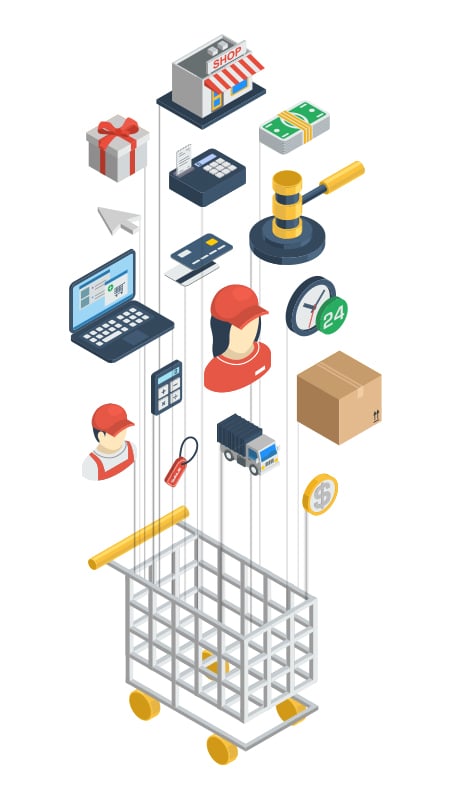 Illustration of services linked with the ecommerce website development